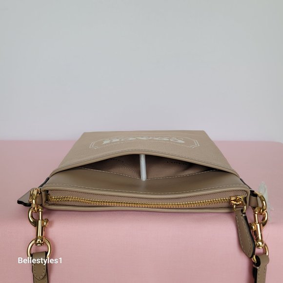 COACH Kitt Badge Jacquard & Smooth Leather Crossbody- Chalk Taupe ⭐ - Picture 8 of 15